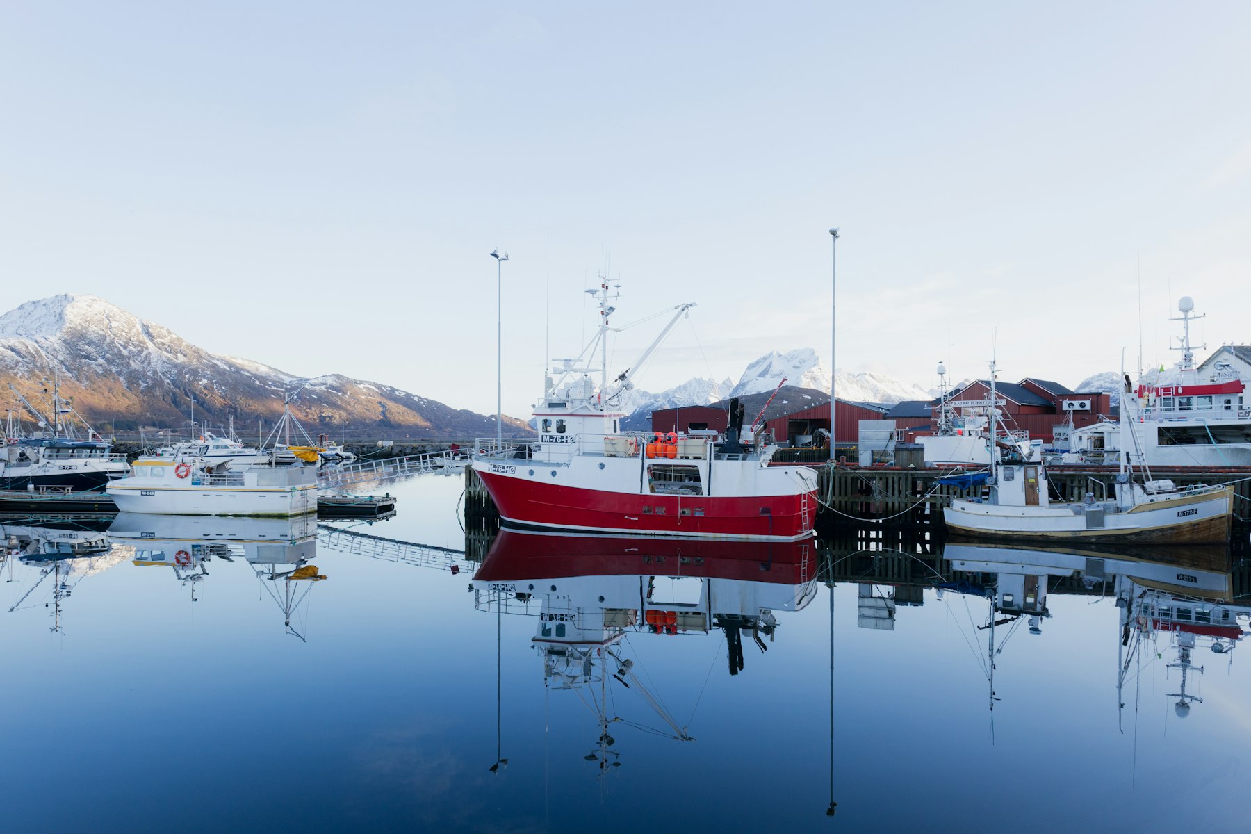 Fiske- og arbeidsbåter ved kai i nordnorsk havn med snødekte fjell i bakgrunnen.